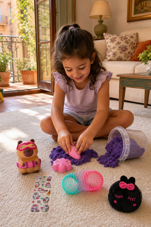 Little girl playing with purple kinetic sand and the Little Cloud sensory party bag toys on a living room rug