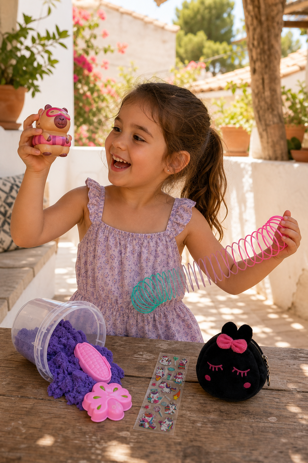 Happy little girl on a sunny terrace holding the capybara squishy and stretching the rainbow slinky from the Little Cloud party bag