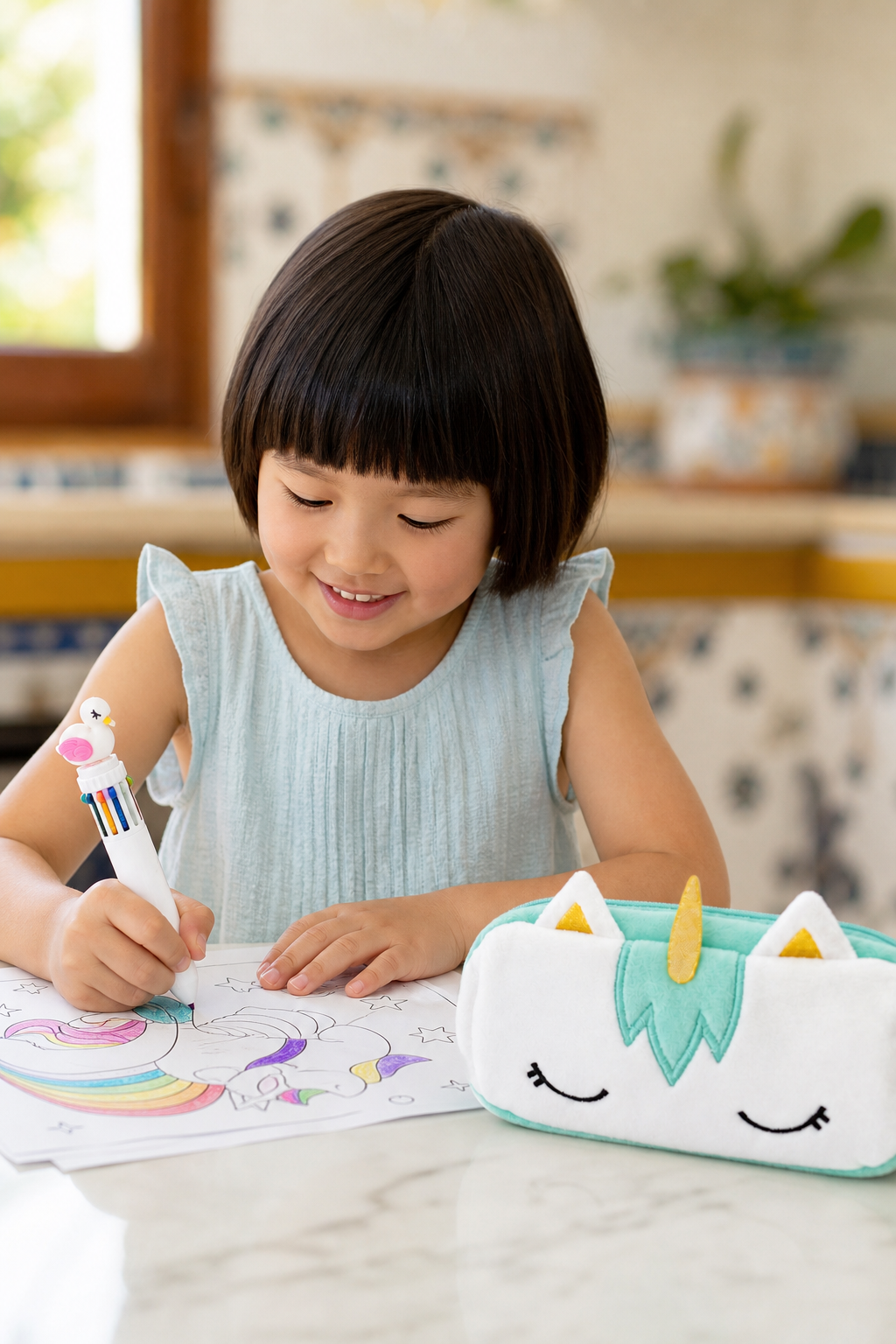 Little girl colouring with a swan multicolour pen next to a plush unicorn pencil case from the Little Sapphire party bag