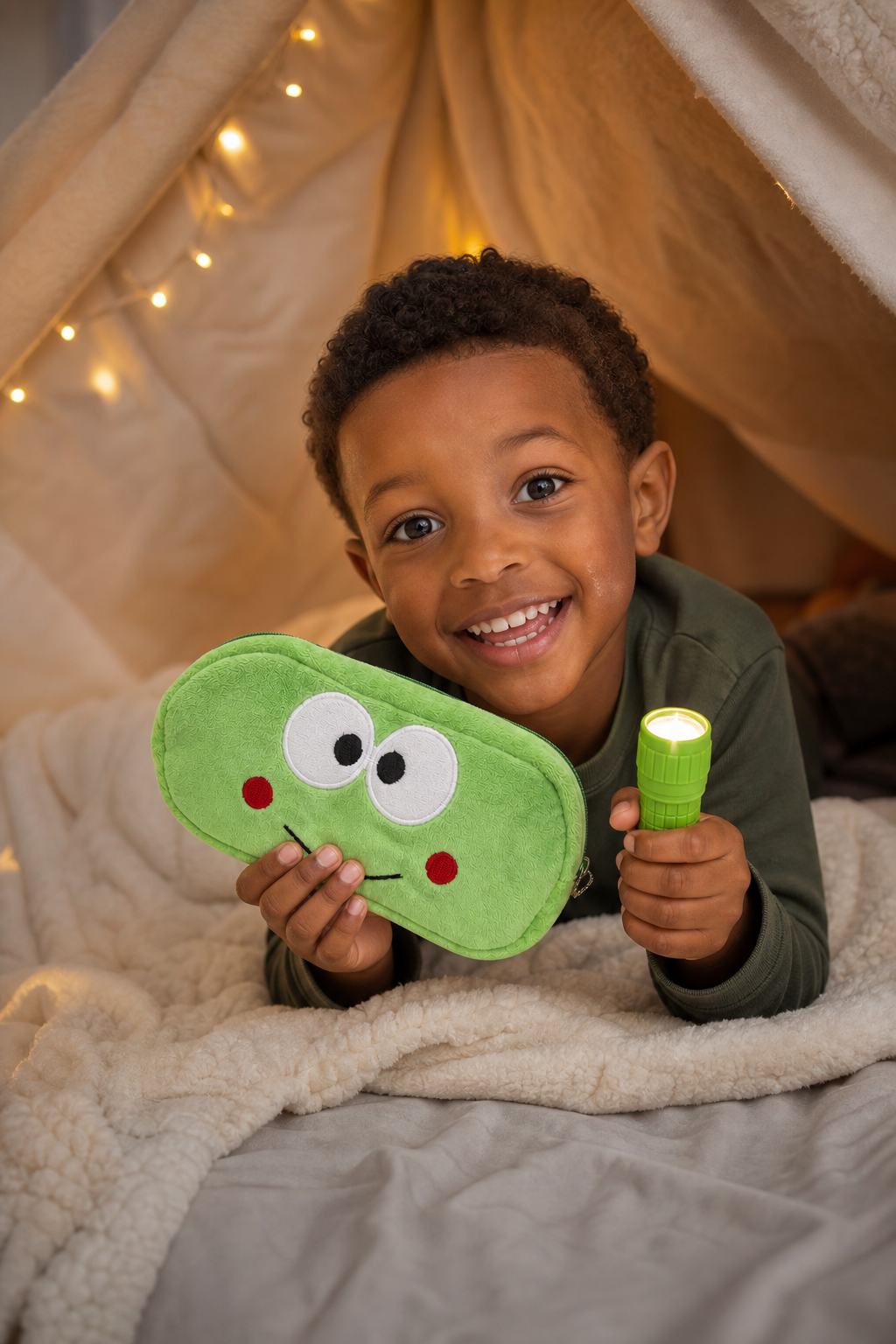 Smiling boy in a blanket fort holding a plush frog pencil case and a lit green torch from the Little Sapphire party bag