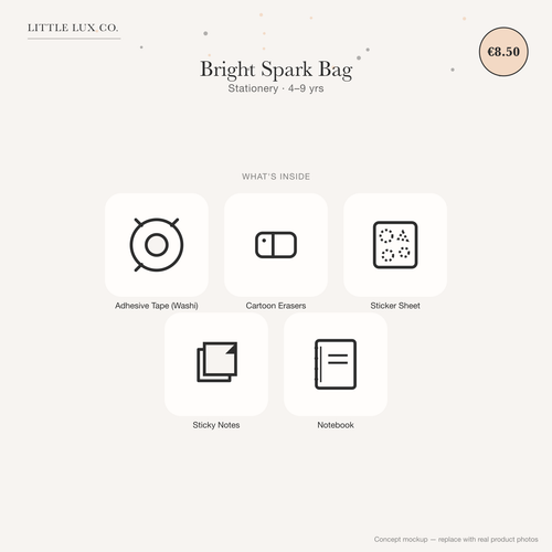 Bright Spark Bag — Stationery (4–9 yrs) — concept mockup, real photo to follow