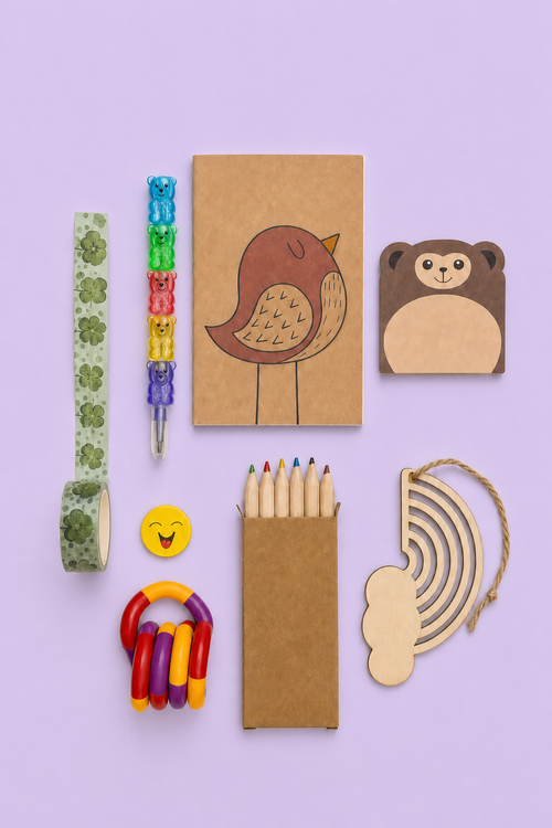 Last Call Craft & Colour Bag: bird notebook, monkey sticky notes, clover washi tape, bear stacking pencil, smiley eraser, twist fidget, colour pencils and wooden rainbow on lilac