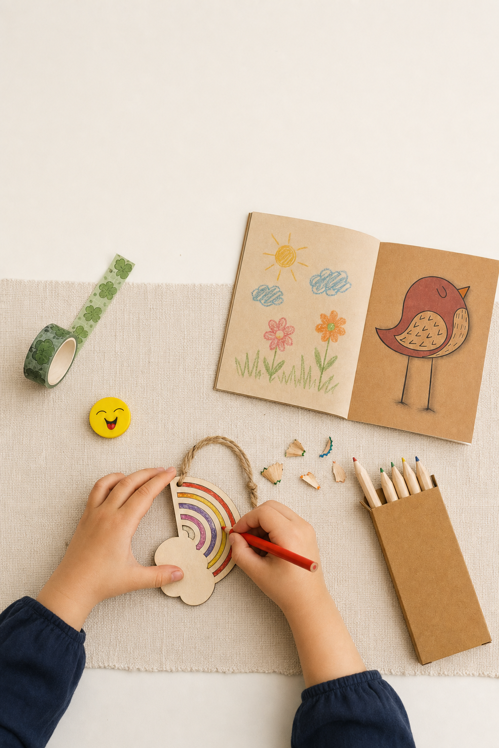 A child's hands colouring the wooden rainbow with the colour pencils from the Last Call Craft & Colour Bag