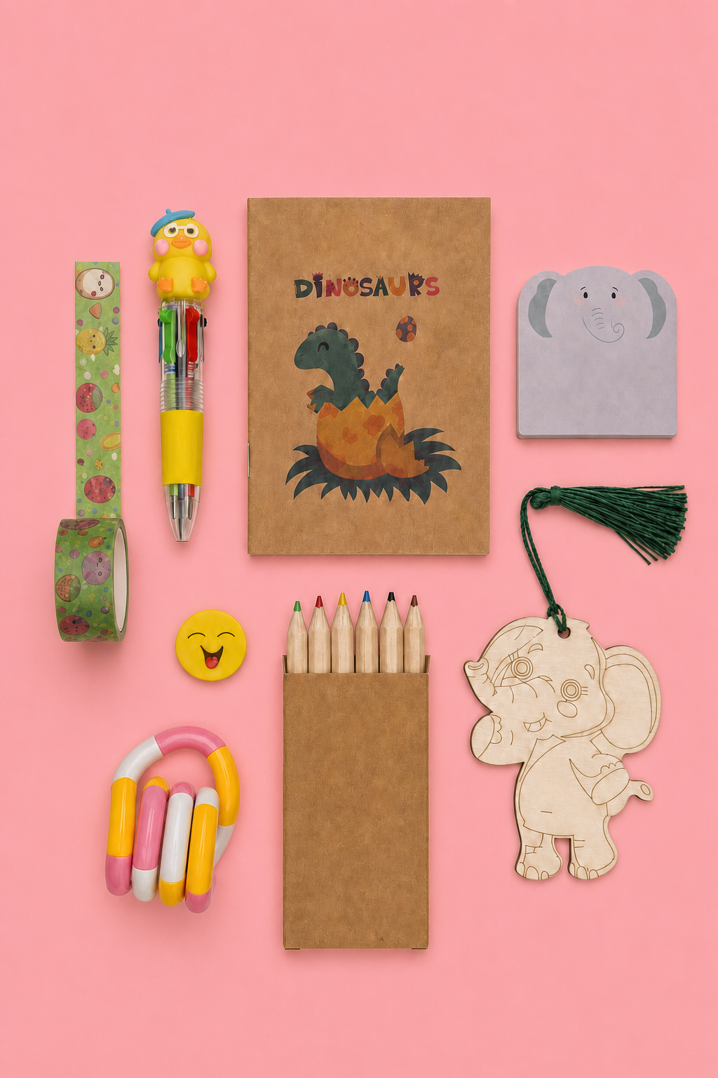 Last Call Craft & Colour Bag: dinosaur notebook, elephant sticky notes, fruit washi tape, duck 4-colour pen, smiley eraser, twist fidget, colour pencils and wooden elephant on coral