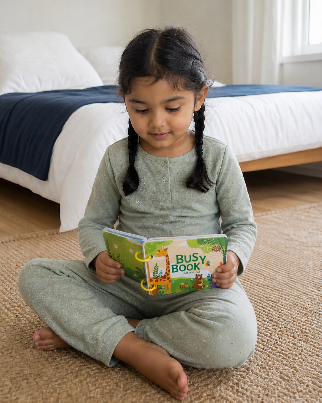 South Asian toddler girl in sage-green pyjamas sitting on a rug looking through the Busy Book Look!Animal