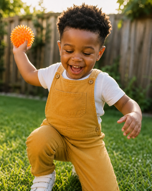 Black toddler boy laughing in mustard dungarees, mid-throw with the orange light-up spiky ball in a sunny garden