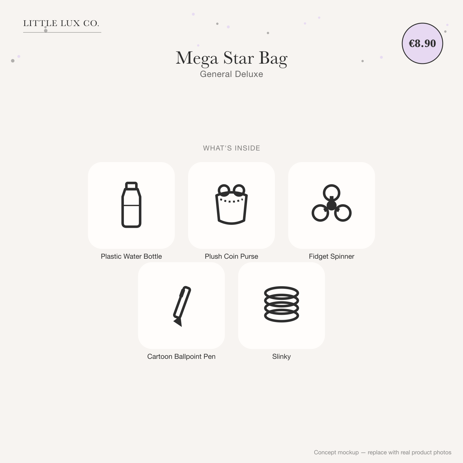 Mega Star Bag — General Deluxe — concept mockup, real photo to follow